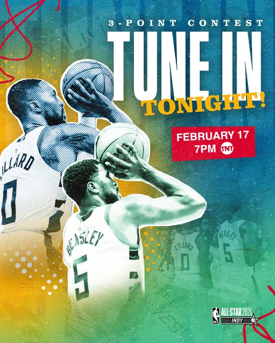 A blue, teal, and yellow graphic featuring stylized photo cutouts of Damian Lillard and Malik Beasley shooting threes. Text on the graphic reads, "3-point content. Tune in tonight. February 17, 7 pm, TNT." 