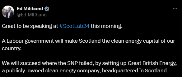 Interesting use of the word country here. Scotland already produces more clean energy than England, Northern Ireland and Wales. We don't need labour to do anything, but England does. @Ed_Miliband knows this. #ScotLab24