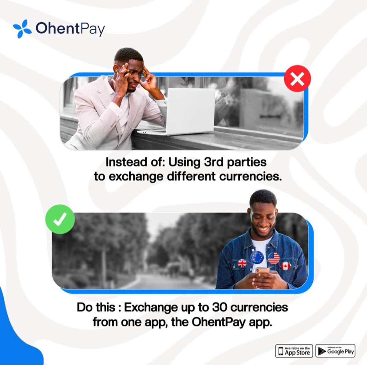 Exchange money hassle-free in local currency with @ohentpay mobile app! 

Download now to get started on seamless exchanges today. 

#OhentPay #MoneyExchange #CurrencyExchange
