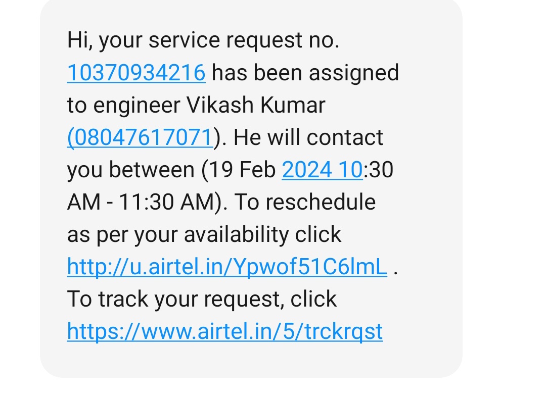 This is how you treat your customers. Sitting idke since yesterday and just now received a message. 

You assigned technician for 19th jan. Wow wow <a href="/airtelindia/">airtel India</a> <a href="/airtelnews/">Bharti Airtel</a> you are pathetic service provider.