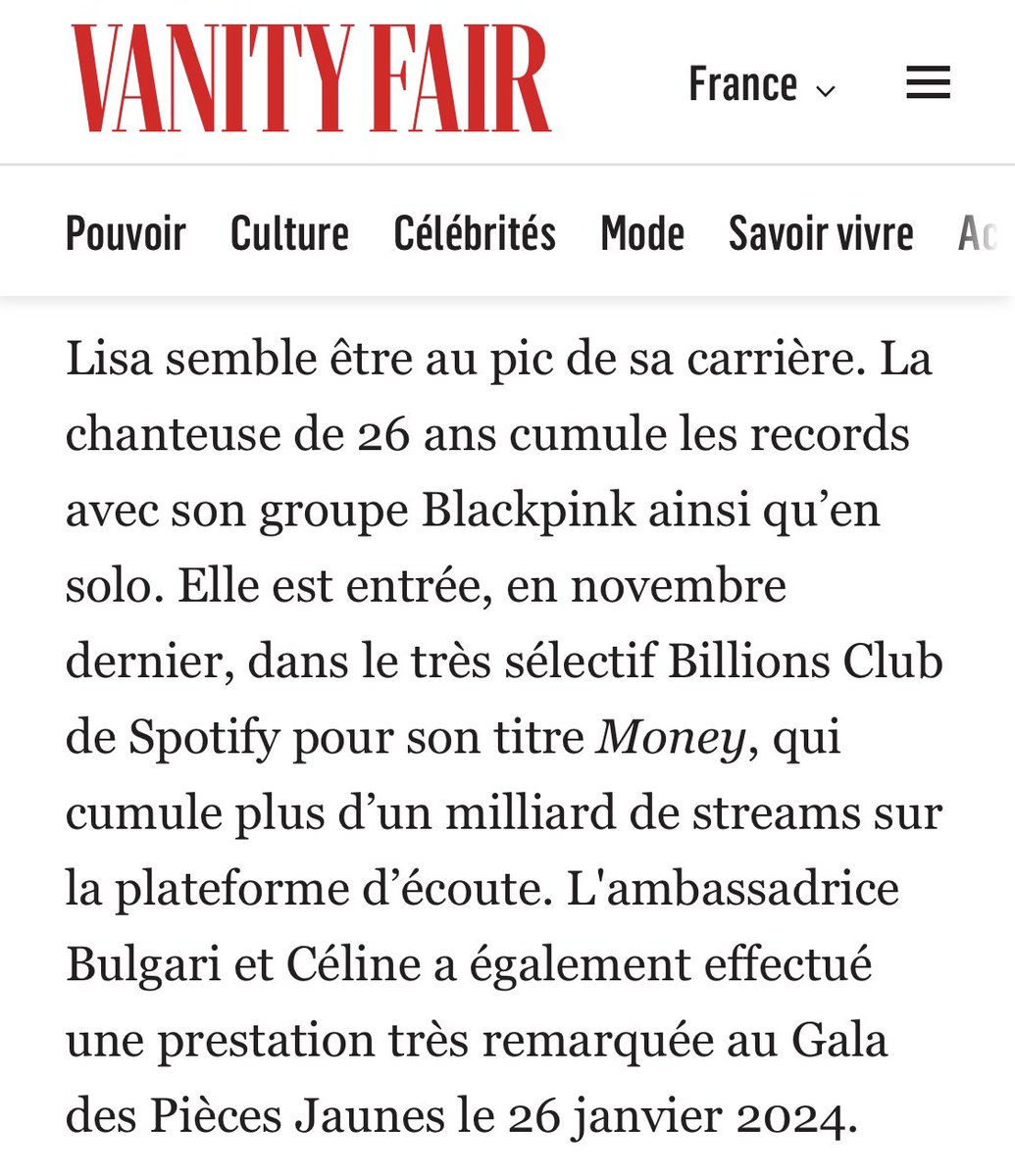 [Article] via <a href="/VanityFairFR/">VANITY FAIR FRANCE</a> 🇫🇷 

“#LISA seems to be at the peak of her career. The 26-year-old singer is racking up records both with her band Blackpink and as a solo artist. Last November, she entered Spotify's highly selective Billions Club for her track #MONEY, which has