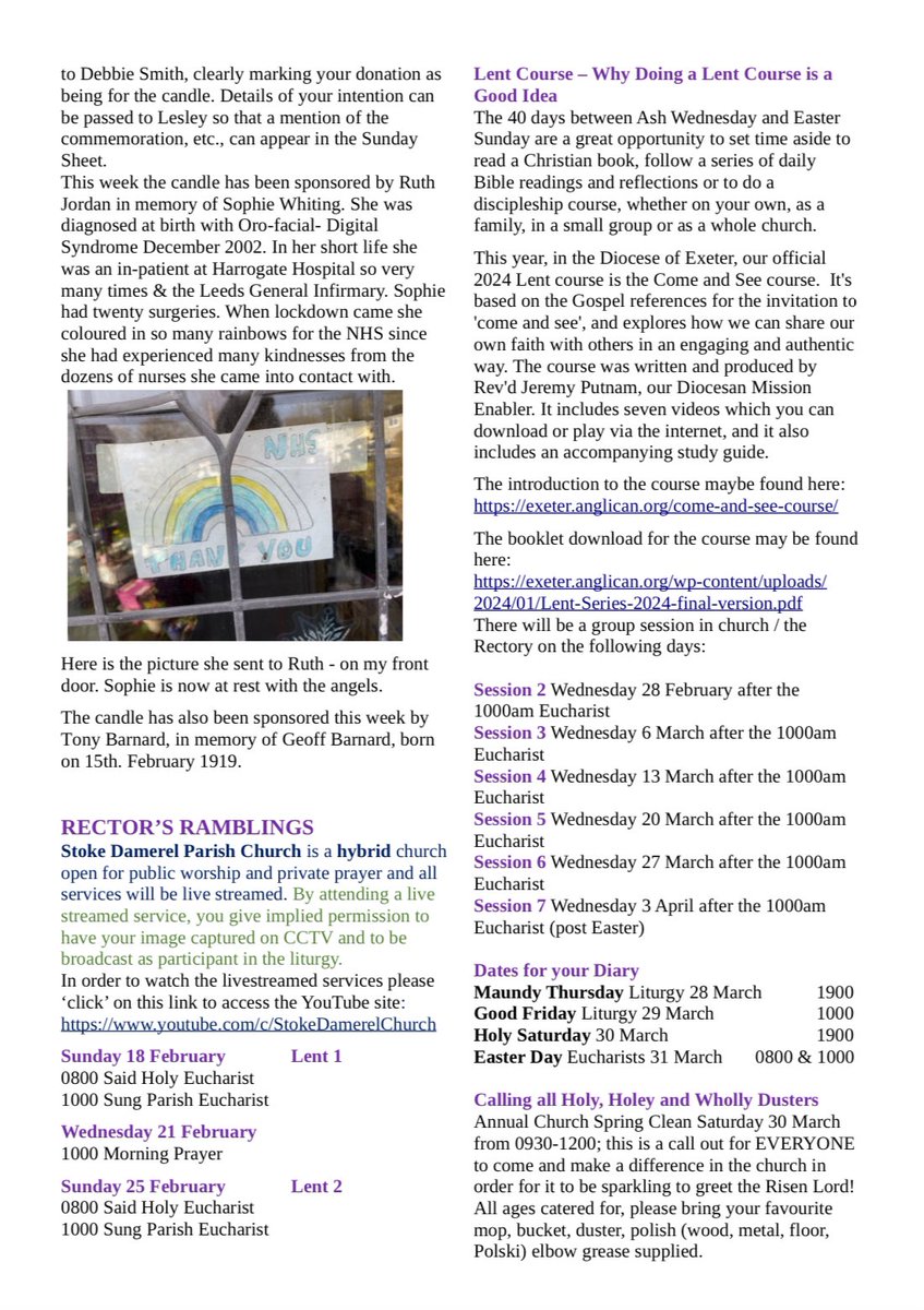StokeDChurch's tweet photo. Our newsletter for this Sunday, 18 February. Do join us at 8am or 10am tomorrow for our Eucharistic celebration, either in person or online. #HolyCommunion #StokeDamerelParish #ComeAndSee #EveryoneWelcome https://t.co/RmySAEQtaa