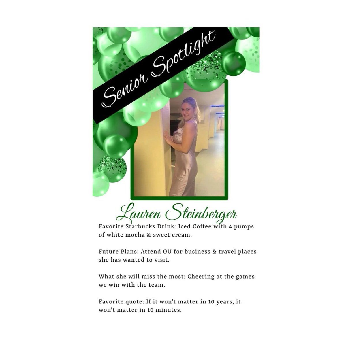 Senior Spotlight Lauren Steinberger!  We wish you the best in all you do!
