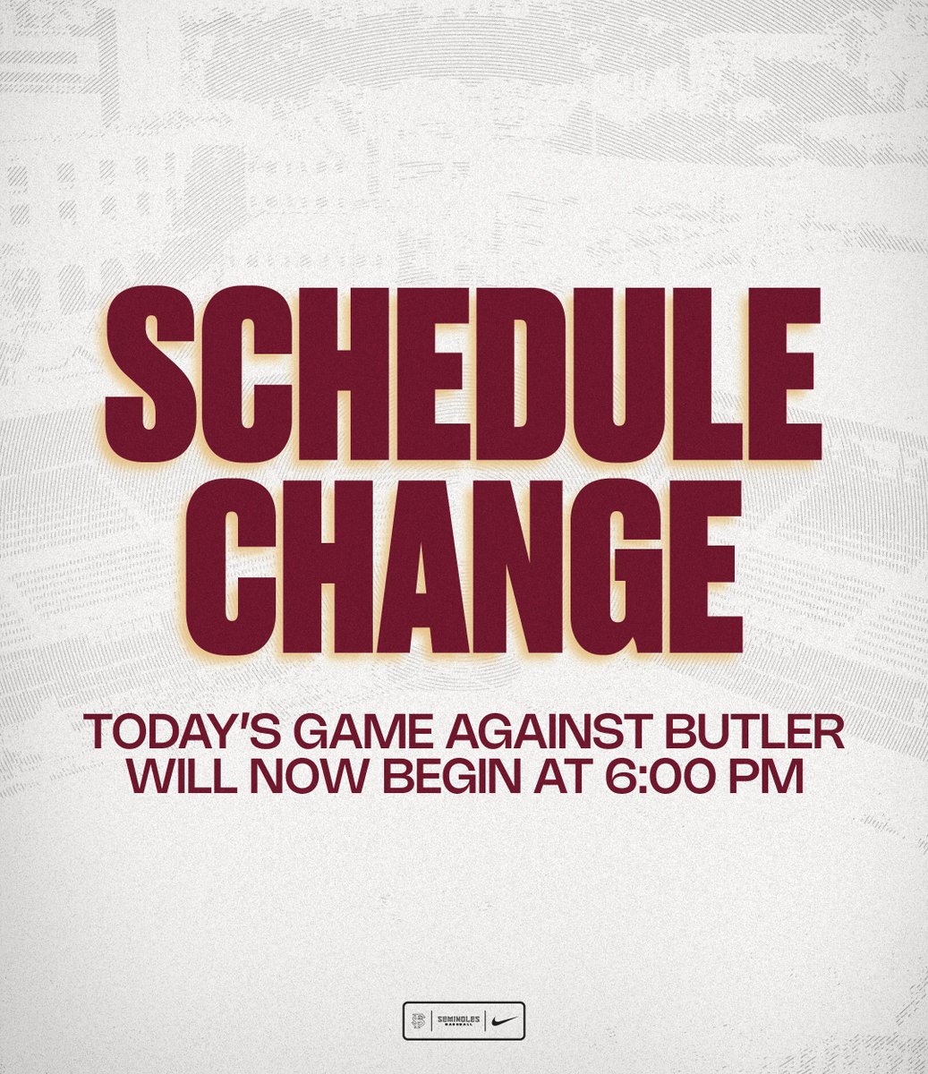 ⛈⛈ Due to rain, today's game vs. Butler will now begin at 6:00 p.m.

Stay tuned to <a href="/FSUBaseball/">FSU Baseball</a> for further updates