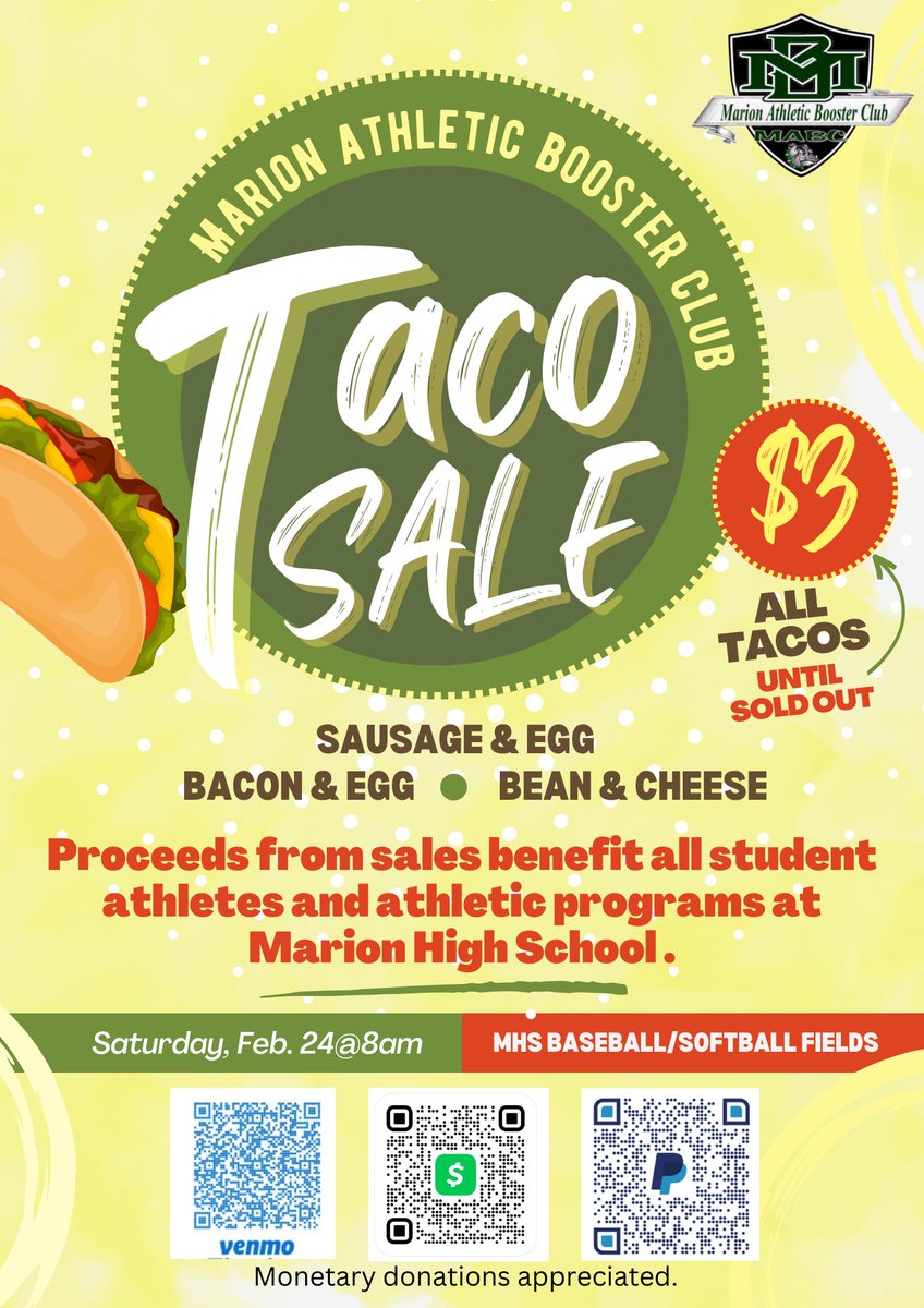 MarionAthBoost's tweet image. Join us next Saturday for our Spring Fundraiser Taco Sale!
We will have a variety of tacos, drive thru and spirit booth items for sale! 

#mabc #springfundraiser #tacosale #marionbulldogs