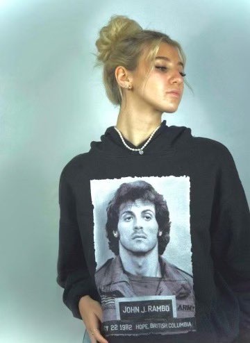 Check out Emilie in our RAMBO mugshot hoodie! This is the only place to get an officially licensed RAMBO mugshot item! This was created by us and exclusive to us! #SylvesterStallone #SlyStallone #Rambo #JohnRambo #Rocky #RockyBalboa