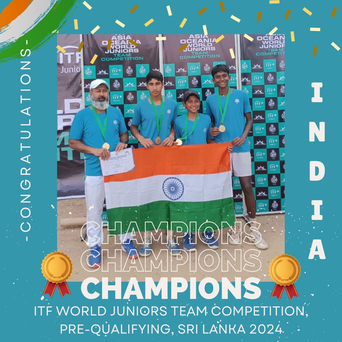 AITA__Tennis's tweet photo. Team India clinches victory in the final of the ITF World Juniors Team Competition Pre-Qualifying Sri Lanka 2024, securing their spot in the Asia/Oceania Final Qualifying to be played in Kuching, Malaysia from March 25th to 30th...🎾 🇮🇳🌟 

#WJTC #PreQualifying #Champions https://t.co/oumKpT526k