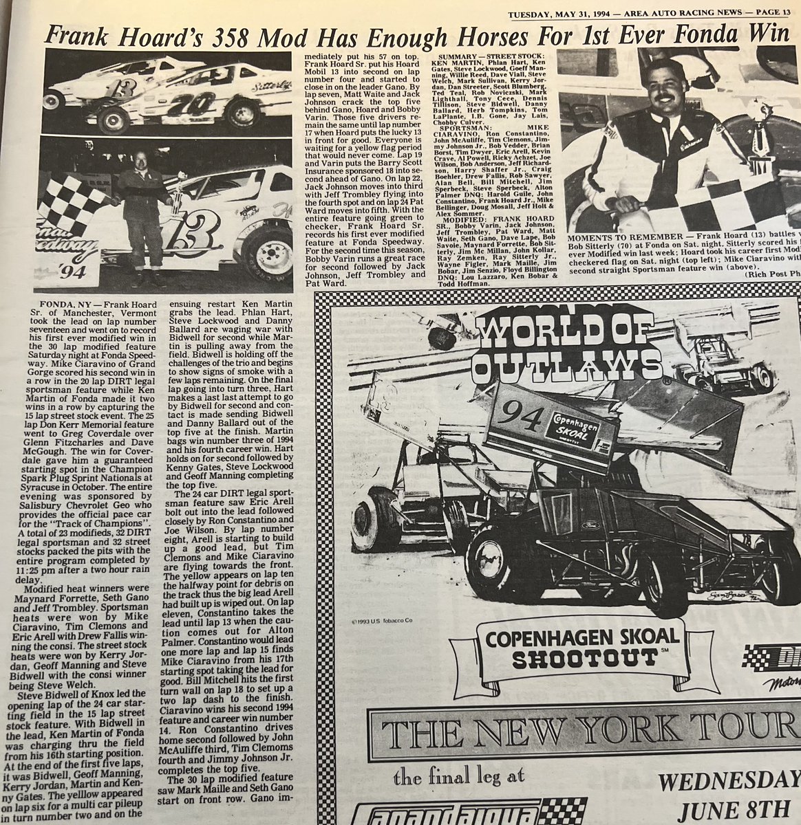 RaceStatCentral's tweet photo. As we add race results for 1994, we’ll be highlighting some milestones that occurred throughout the season, like when Frank Hoard, Sr. won his first ever race @thefondaspdwy on May 28th!! Credits to @aarn and Rich Post Photos https://t.co/GHF905T6Rq