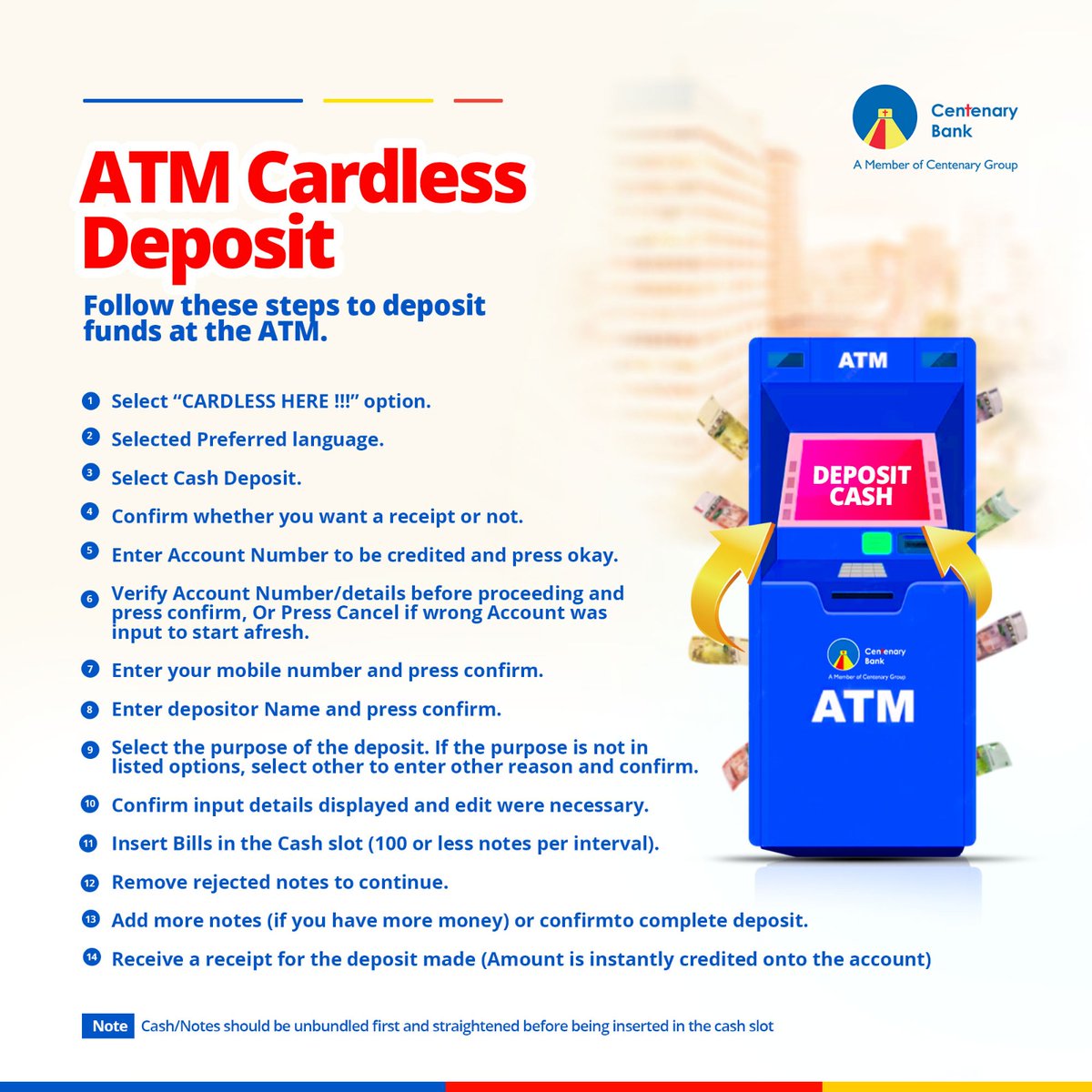 CentenaryBank's tweet photo. ATM Cardless Deposit!
Follow these steps to deposit cash at your nearest ATM #BankingReimagined https://t.co/UPmzfZi7BA