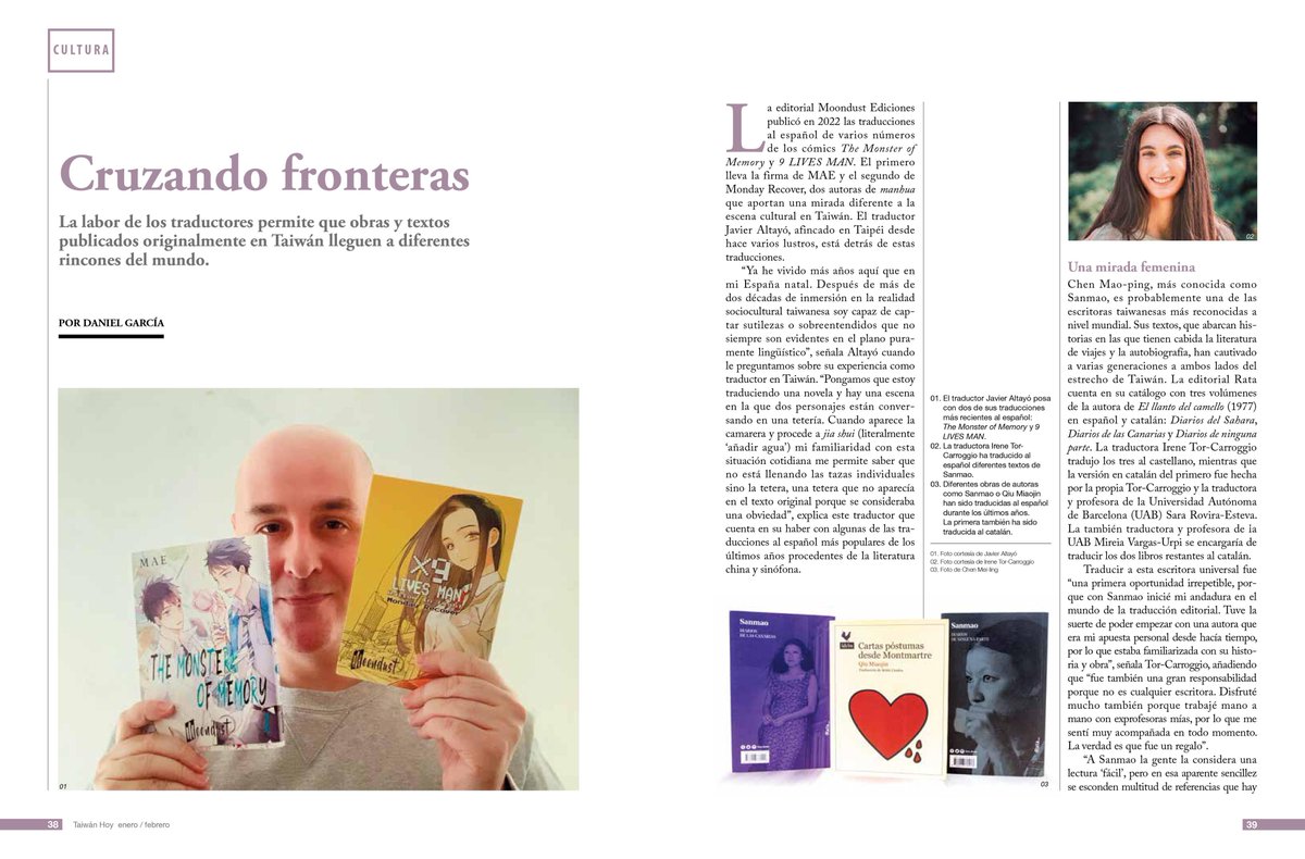 Danigargon's tweet photo. La labor de los traductores permite que obras y textos publicados originalmente en #Taiwán lleguen a diferentes rincones del mundo. En este artículo para la revista Taiwán Hoy hablamos con algunos de los traductores que han llevado las palabras de Sanmao (三毛), Qiu Miaojin (邱妙津), Li Ang (李昂) y Wu Ming-yi (吳明益), entre otros autores, al español y al catalán.

Cruzando fronteras https://t.co/8qEZnQxDma

Gracias a @altayo, @irenetorc, @bcuadramora, @mireiavu y @Albertop_p por su colaboración.