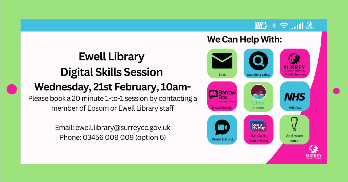 The #DigitalSkillsSurrey team will be back at the library on 21st February, 10-. Please book your 20 minute 1-to-1 session: 📧 ewell.library@surreycc.gov.uk, ☎️03456 009 009 (opt. 6) or speak to a member of staff Info☞ tinyurl.com/DigitalSkillsS…