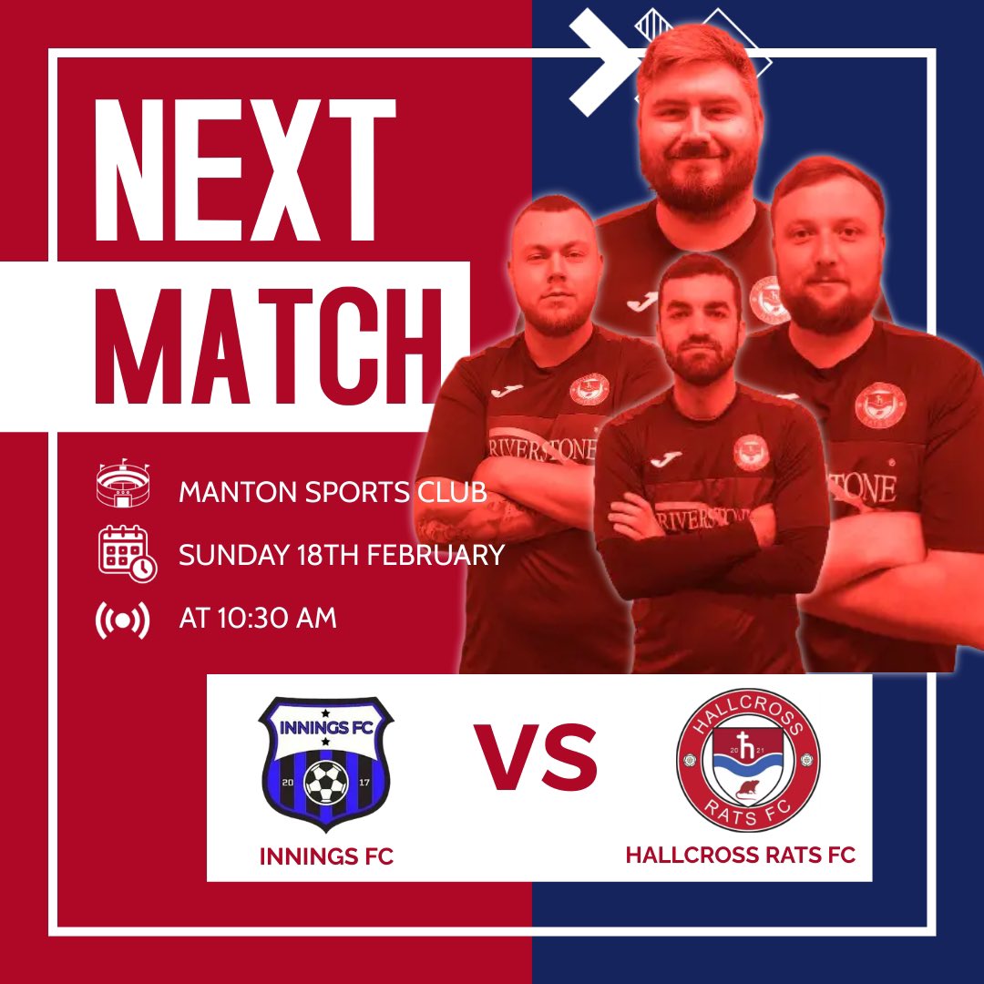 Hallcrossratsfc's tweet photo. 🏆Doncaster Rovers Sunday League Charity Cup
🆚 Innings FC vs Hallcross Rats FC
🗓 Sunday 18th February
🕥 10:30am KO
🏟 Manton Sports Club, S80 2PU

This Sunday sees the Rats away in Worksop up against Innings FC in the Doncaster Sunday League Charity Cup 3rd Round. UP THE RATS! https://t.co/t1pZ8QOmhe