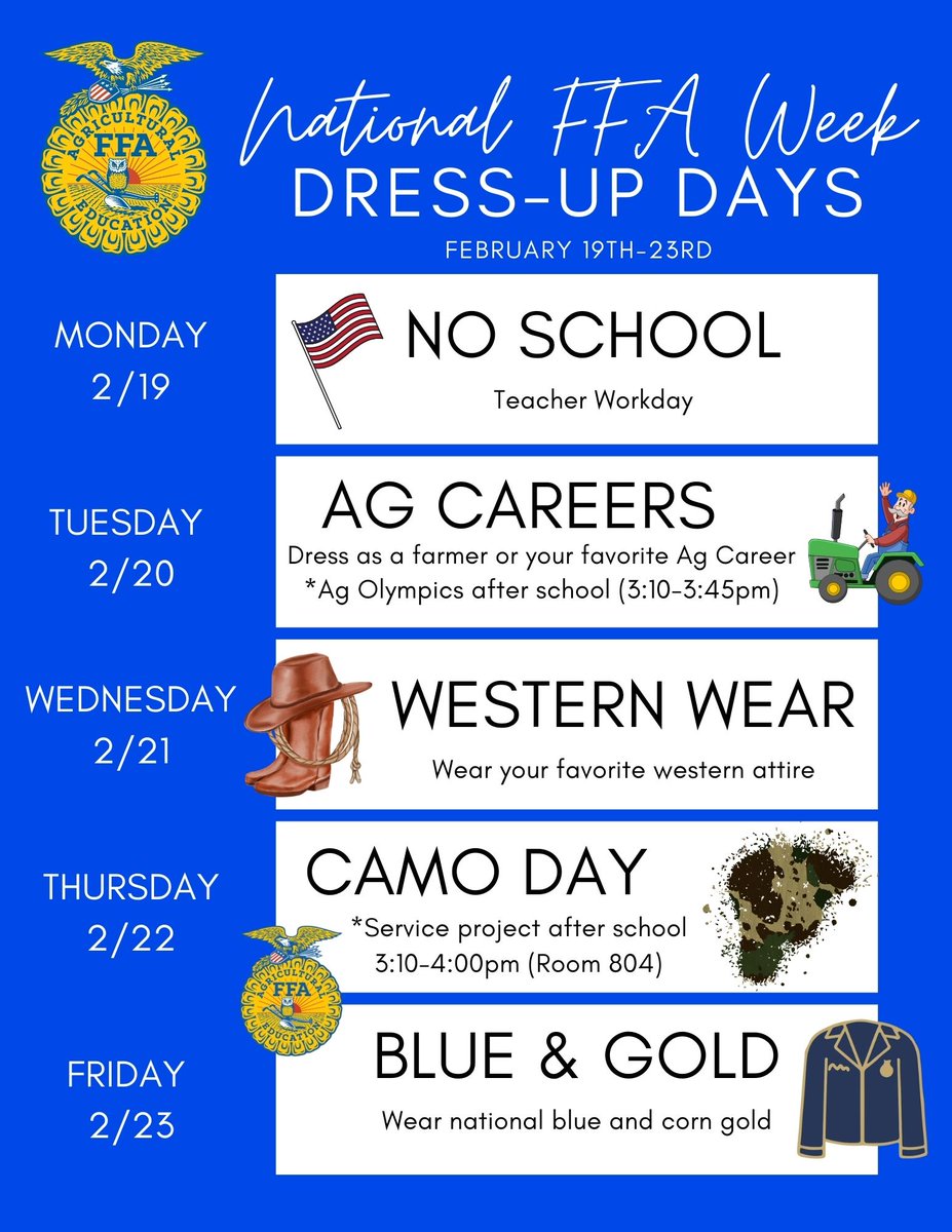 Join our <a href="/NJMiddleJaguars/">North Johnston Middle</a> FFA in celebrating National FFA Week this upcoming week!
🌽 Participate in the daily spirit days! 
🐄 Listen to announcements for FFA fun facts!
#JaguarStrong #FFAWeek  #BeTheOne #AgKnowledge