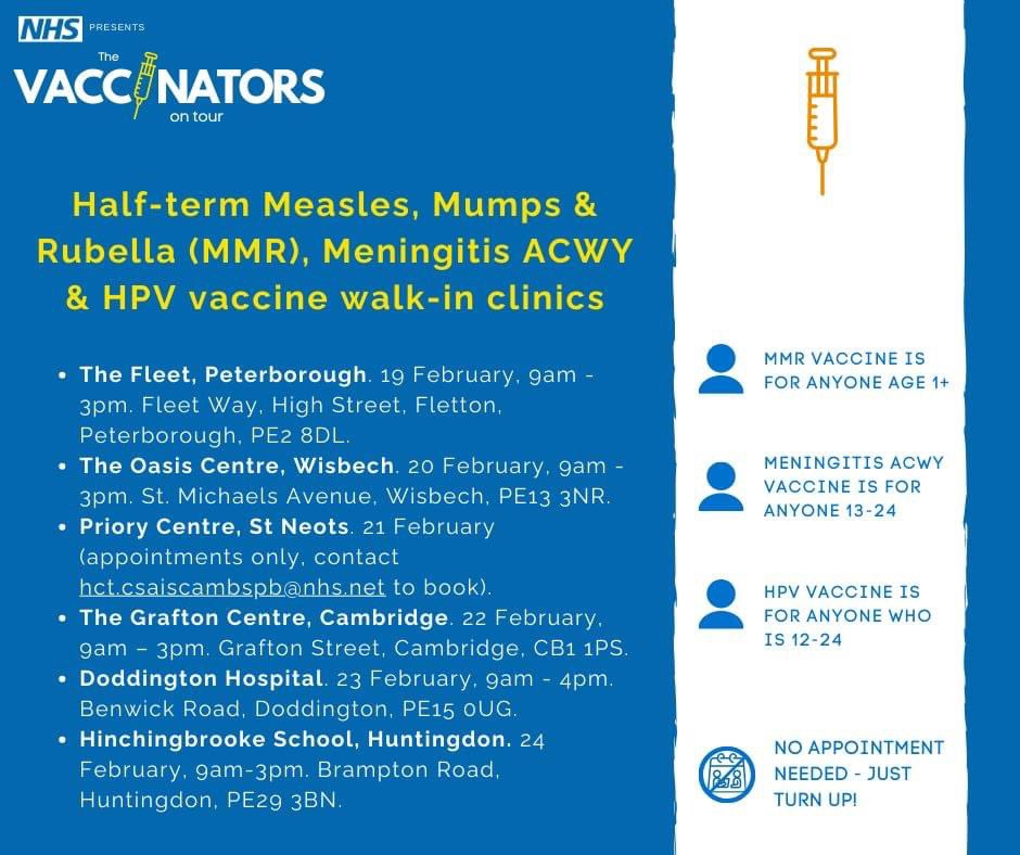 Keep us busy over the #halfterm and catch up on missed vaccines. #MMR #meningitis <a href="/ccs_nhst/">CCS NHST</a> <a href="/HCTNHS/">Hertfordshire Community NHS Trust</a> <a href="/CambsPboroCYP/">NHS Cambs Pboro Children & Young People's Services</a>