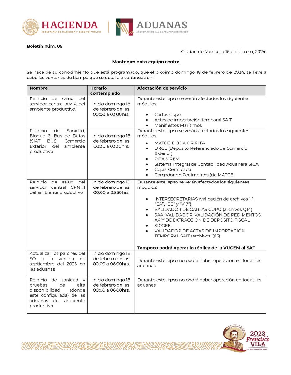 ClaaMx's tweet photo. Boletín núm 05 #ANAM - Mantenimiento equipo central.
#CLAAInforma #ComunidadCLAA #TomaNota #AgenteAduanal https://t.co/kW9fJNyQcI