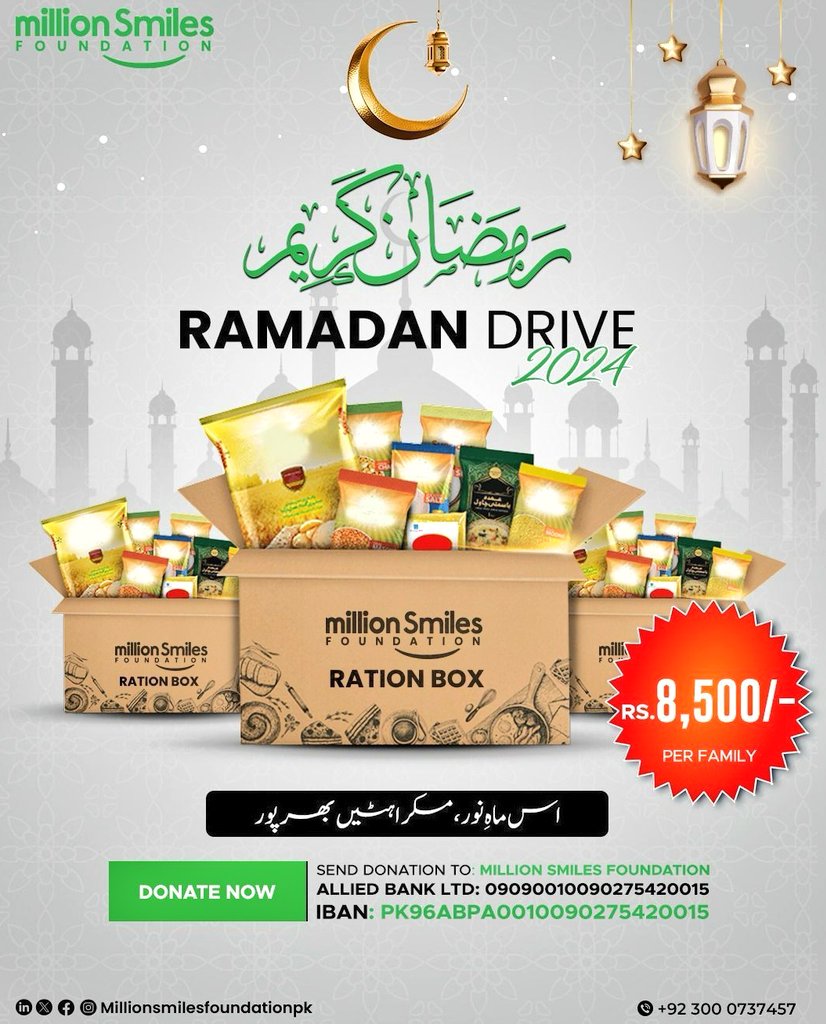 ZeenatActivist's tweet image. This Ramadan &amp;amp; your SMILES for people in dire needs. 
Let us share “One Ration” this Ramadan. 

اِس ماہِ نور، مسکراہٹیں بھرپور !

Ramadan Ration Pack: 
Rs. 8,500 (one family of 5).

#RamadanKareem #MSF_RationPack #SmilesforHumanity