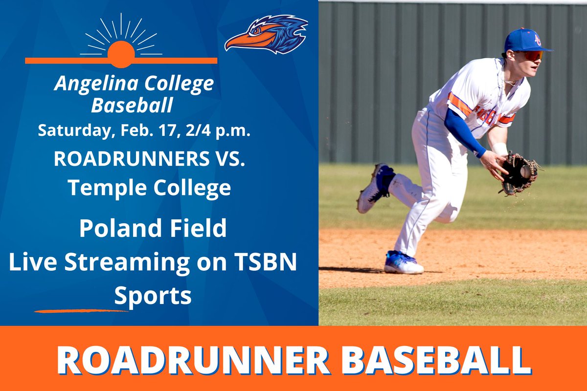 GAME DAY: Roadrunners hosting Temple College, DH starting at 2 p.m. at Poland Field. Free admission, and live streaming available on TSBN Sports (tsbnsports.com/temple-vs-ange…). <a href="/RunnersBSB/">Angelina College Baseball</a> <a href="/angelinacollege/">Angelina College</a>