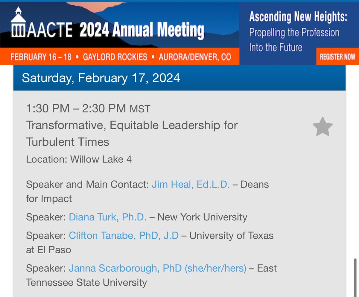 Come join us this afternoon in Willow Lake 4: Transformative, Equitable Leadership for Turbulent Times. @AACTE @deansforimpact #AACTE