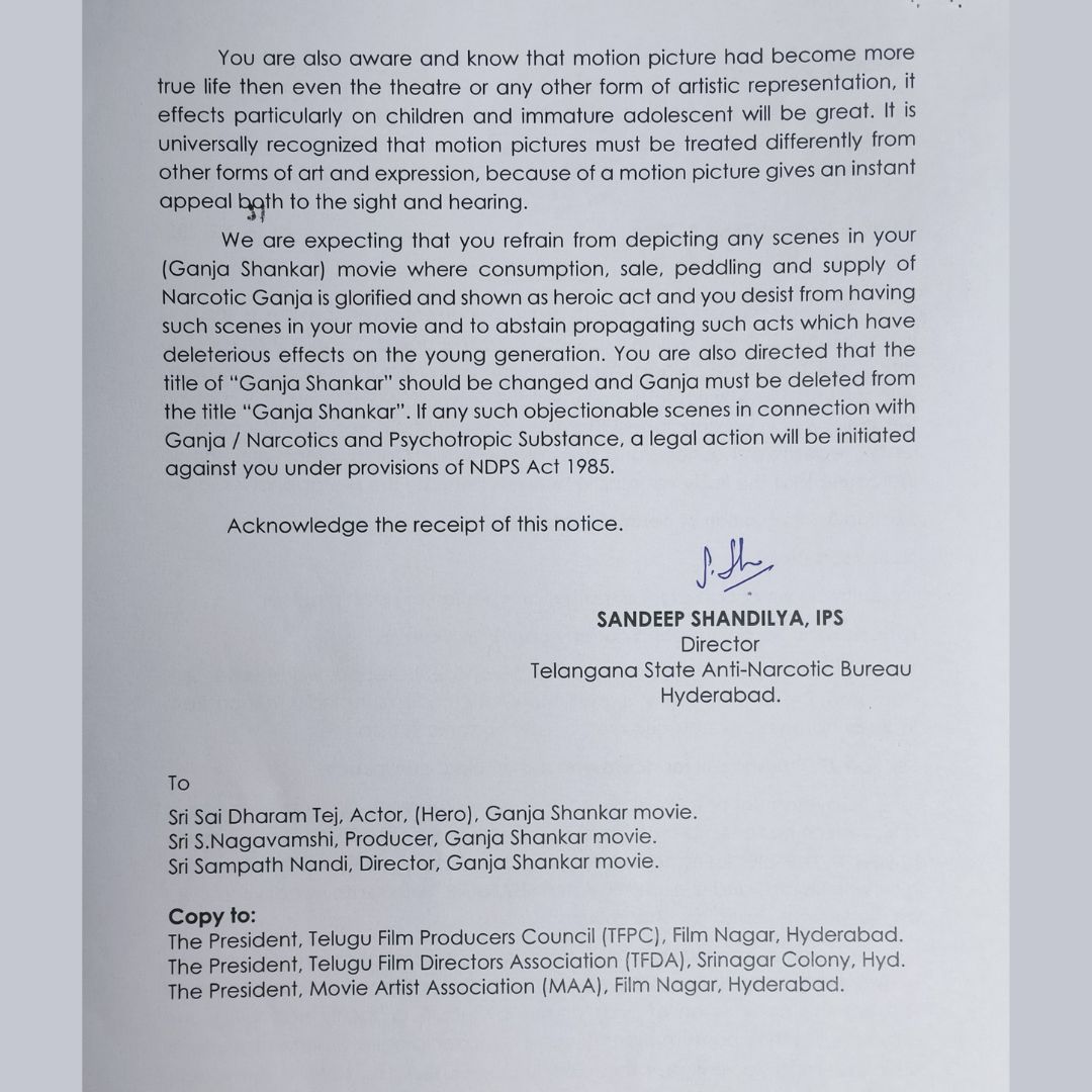Issued Notice to #GANJASHANKAR film Crew raising objection over title & content depicting character as Ganja business, its glorification. Request film fraternity sensitize the concerned to refrain from glorifying sale, consume etc, of NDPS Substance.@TelanganaDGP @narcoticsbureau