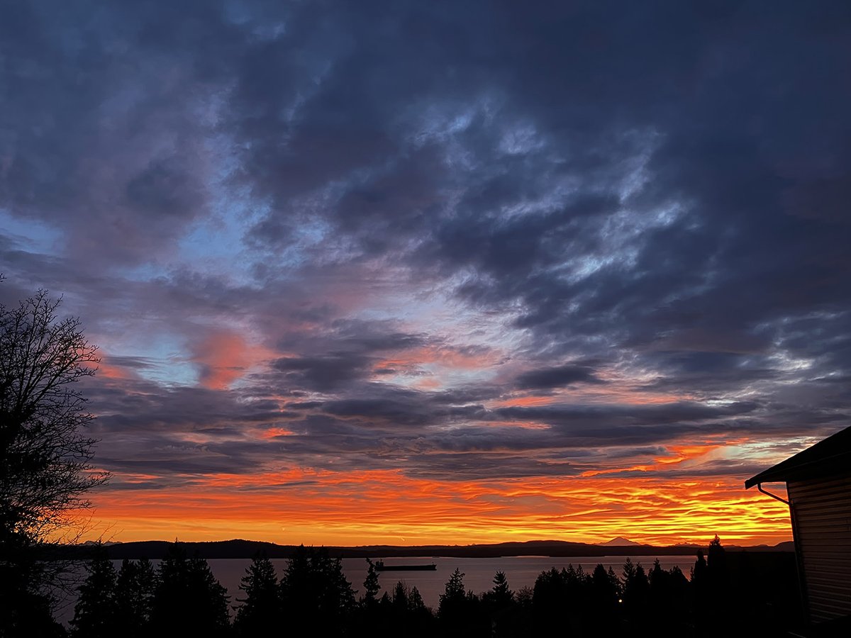 Up at 6:30 a.m. to a stunning sunrise here on the Island with Mount Baker visible in the US (right). Now for some @tetleyuk's tea and Premiership Rugby Cup. #LadysmithBC #VancouverIsland #WeekendVibes