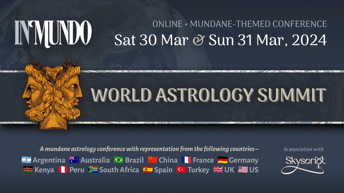 wadecaves's tweet photo. We're back, with 4 new countries and a program that's bound to entice.

The World Astrology Summit runs 30 &amp; 31 March – to see the full program, visit the conference page: https://t.co/WzkCy97yq7.

$95 general admission for 18 talks from world-class astrologers on mundane themes. https://t.co/D0tZjIiuZn