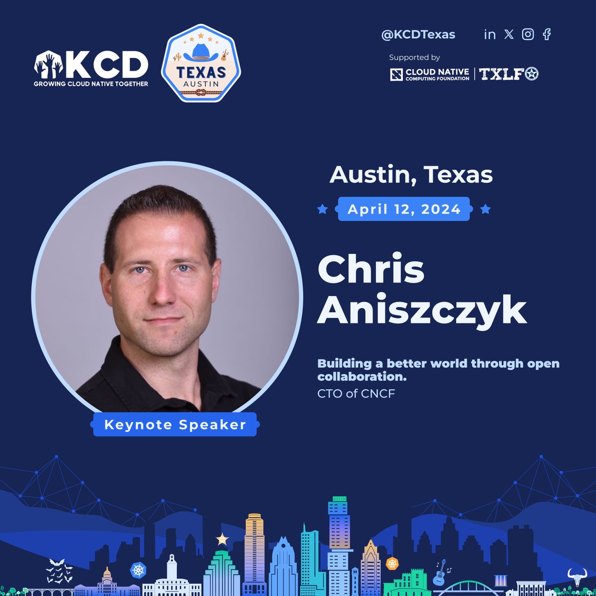 🌟🌟EXCITING ANNOUCEMENT!! @cra will join us as keynote speaker!! 🎉 Chris is the CTO at @CloudNativeFdn, VP of dev rel at @linuxfoundation, and Executive Director at @OCI_ORG, championing open source! Join us in #ATX for #KCDTexas: texaskcd.com