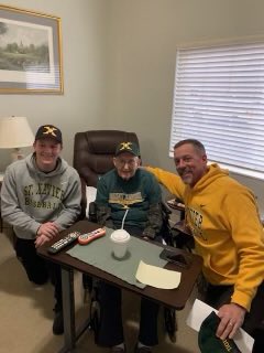 Dick Pontrich ’42, who turned 100 on Tuesday, was visited by @StXTigersBSB Head Baseball coach, Andy Porta ’85 and junior baseball player Kaden Ford. Kaden, a staff member for Xavier News, and Coach Porta interviewed Pontrich who played on the St. X 1942 state championship team.