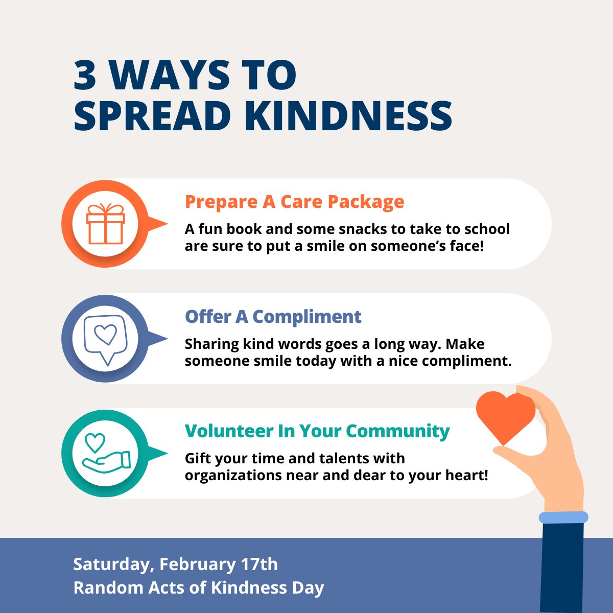 Saturday, February 17th is #RandomActsofKindnessDay! Together, we can uplift our community by doing little things that make a big difference. Share your ideas for spreading kindness below! 🥰 #RAK