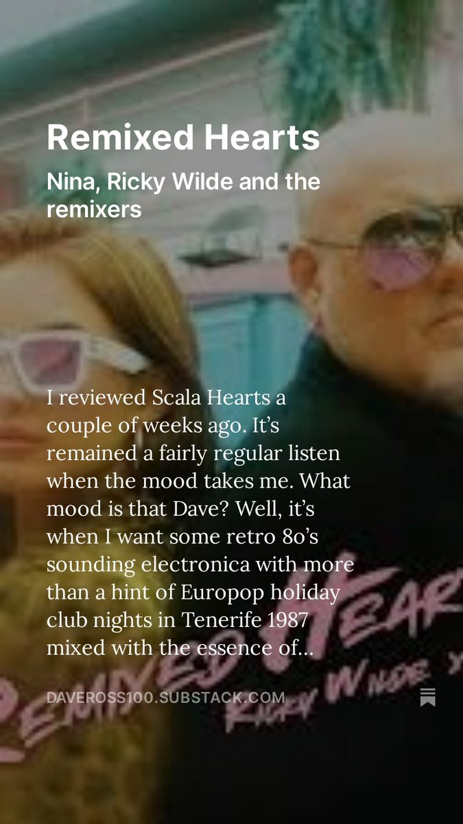 Remixed Hearts review 💖💗💓💗💝
<a href="/ILOVENINAMUSIC/">N I N A</a>  <a href="/Wildericky/">Ricky Wilde 🎶🇺🇦</a>
<a href="/radiowolfmusic/">Radio Wolf</a>
<a href="/wolfclubband/">Wolf Club</a>
<a href="/MrSteveAnderson/">Steve Anderson</a>
<a href="/initialtalk/">Initial Talk</a>
<a href="/pynmusic/">PYN</a>
<a href="/ElectricPengwns/">Electric Penguins</a>
<a href="/lavenuemusic/">L'Avenue</a>
<a href="/ReznorRayne/">Rayne Reznor</a>
<a href="/BearlyDisco/">Bearly Disco®</a>
<a href="/ProjectKRemix/">ProjectKRemix</a>
<a href="/SLACKMACHINE/">SLACKMACHINE</a> 
<a href="/BardiniBrigitte/">Brigitte Bardini</a>
<a href="/tlf_music_b/">tlf\\</a>

daveross100.substack.com/p/remixed-hear…