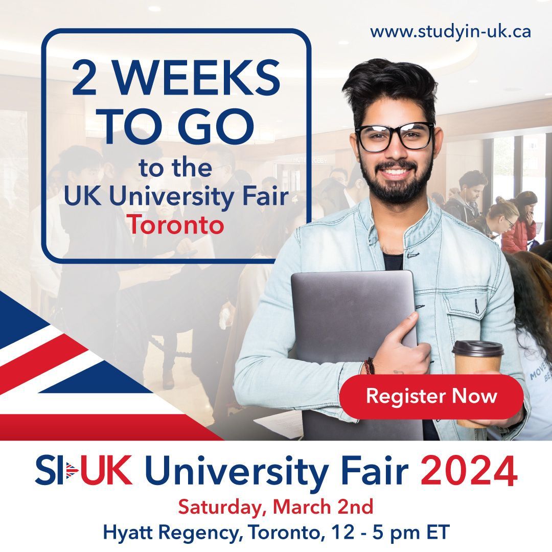 We are now just two weeks away from the UK University Fair 2024 in Toronto on March 2nd!

Register for free here: buff.ly/3tfQRek

#UKUniversities #SIUK #StudyinUK #StudyinScotland #StudyinIreland #StudyinWales  #StudyAbroad #InternationalStudents #ukunifair