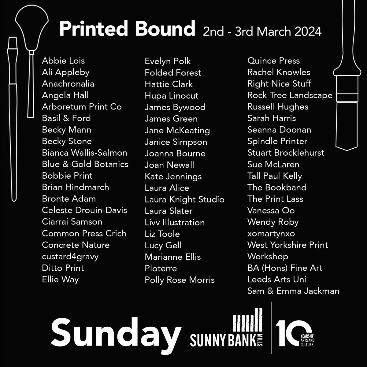 Printed Bound starts 2 WEEKS TODAY. Here is a full list of stallholders for Leeds' biggest print fair, with over 50 artists exhibiting per day! Visit our website to find out what's happening across the weekend > sunnybankmills.co.uk/arts/gallery/p…

#Leeds #PrintFair #DaysOutInLeeds