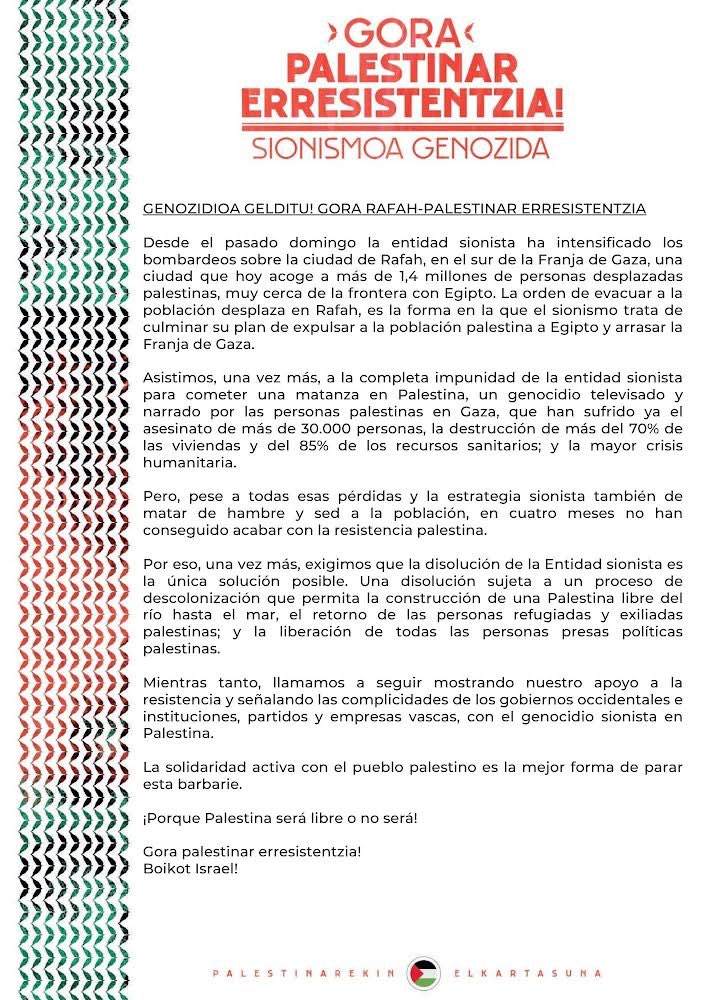 📢ELKARRETARATZEA📢 #Bilbon kalera atera gara Rafah-ko sarraskia salatzera, palestinar erresistentziari elkartasuna adieraztera eta mendebaldeko gobernu eta euskal erakunde, alderdi eta enpresen sionismoarekin konplizitatea salatzera.

#GenozidioaGelditu
#PalestinaAskatu