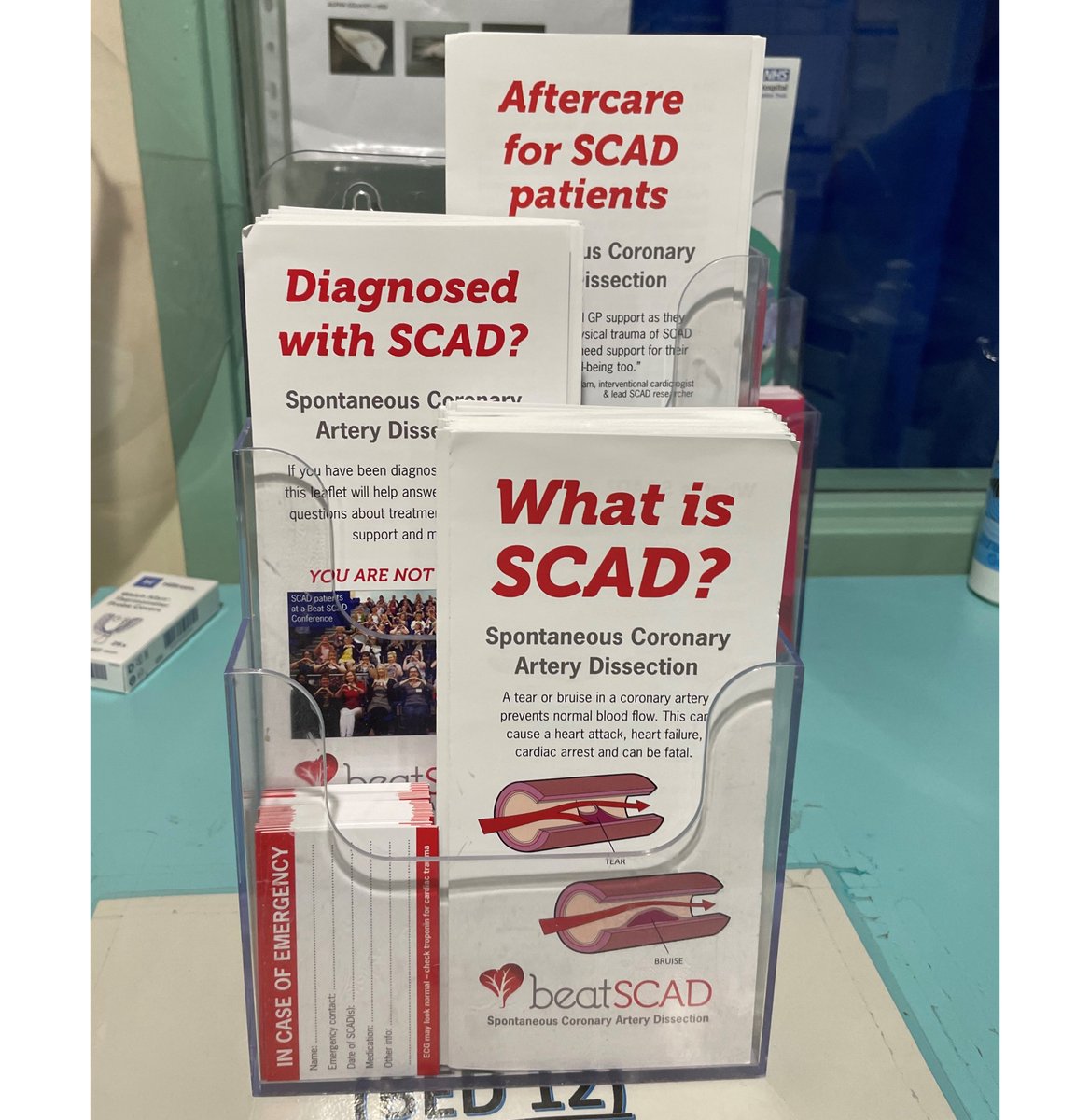 We love seeing our leaflets and ICE cards displayed so patients can find information easily. Massive thanks to the Cardiac Care Ward @DCHFT , for sending us this pic! For leaflets, please complete our form here forms.gle/r9SfEvjKzgnYEf… or email us at shop@beatscad.org.uk