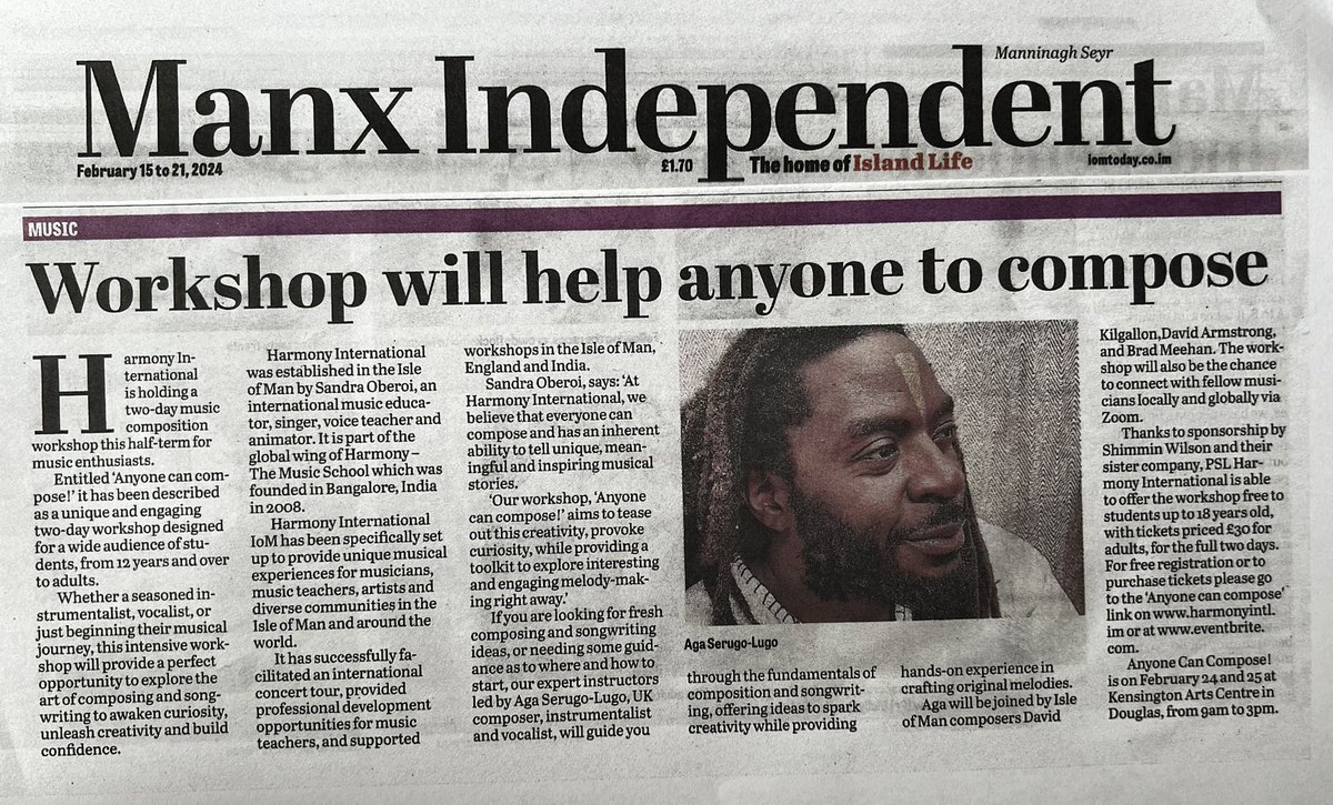SandraOberoi's tweet photo. In the news!
“Anyone Can Compose!” Workshop at Kensington Arts, Douglas on 24/02 and 25/02, 9:00 am to 3:00 pm GMT. 

Harmony International is offering this FREE to support and empower young people through #music! 
Register here https://t.co/UiBN4yEdqg
#composition #musicforall https://t.co/NJjN4leghf