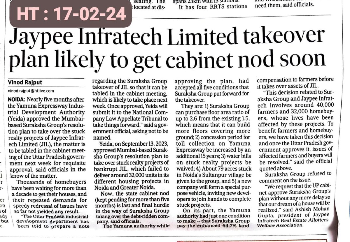 R/Sirs..the homebuyers of Jaypee Infratech, Noida were happy to read in the news articles about the cabinet note on the settlement proposal of Suraksha Reality which is expected to be put for decision in the upcoming meeting of the cabinet.

We all very humbly request you to