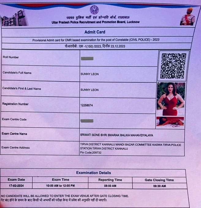 यूपी पुलिस की भर्ती परीक्षा

सेंटर : कन्नौज

परीक्षार्थी का नाम: Sunny Leone🤣
#UPPolicebharti #UPPoliceexam