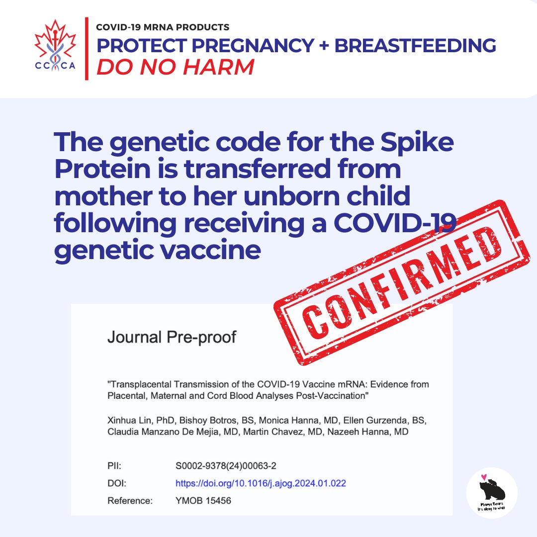 A recent study by Lin et al has found COVID-19 genetic vaccine mRNA transferred via the placenta of freshly vaccinated pregnant mothers. ajog.org/article/S0002-… Learn more: petermcculloughmd.substack.com/p/placental-an… Safety must be confirmed not declared #ProtectPregnancy and Breastfeeding #DoNoHarm