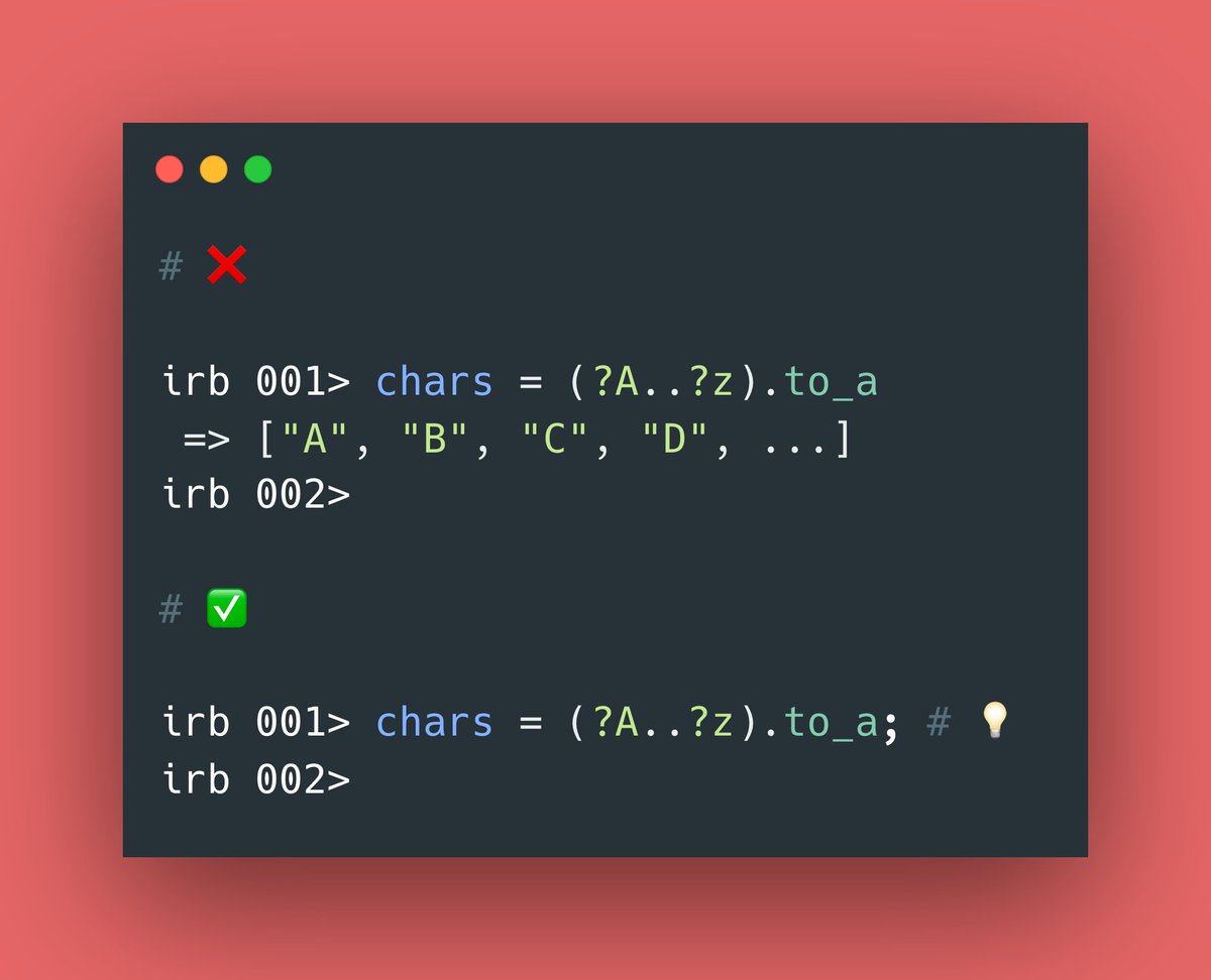 RubyCademy's tweet image. ✨ Rails Console Pro Tips ✨
In your rails console, you can suppress large output by appending a semicolon `;` at the end of the line ✨💫
#rubyonrails #railsconsole #irb #pry