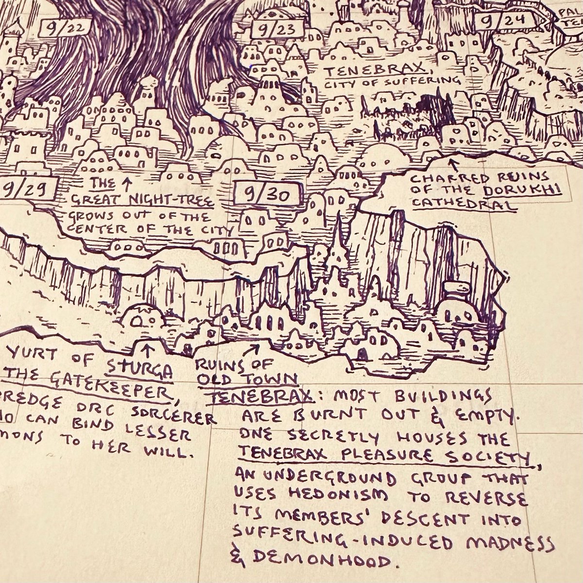 quadratrash's tweet image. #dungeon23 9/30: the ruins of old town tenebrax hide many secrets, not the least of which is the underground pleasure society — not merely a hedonistic pursuit but a means of survival