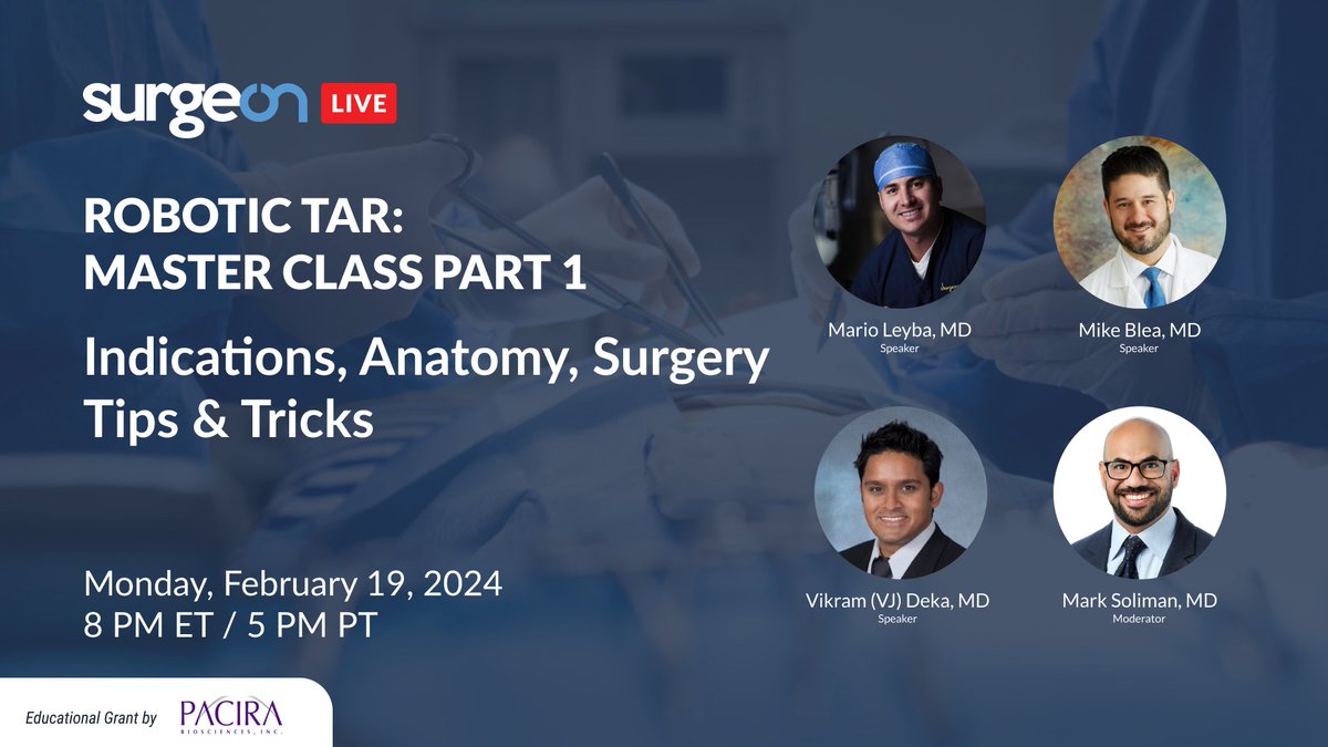Coming soon! Save the date and get ready for the Robotic Tar Master Class Part 1, coming up on Monday, February 19, 2024, at 8 PM ET. This event is sponsored by @PaciraBio Watch the livestream here: share.surgeonapp.com/public/share/c… Download our app: surgeonapp.com/share