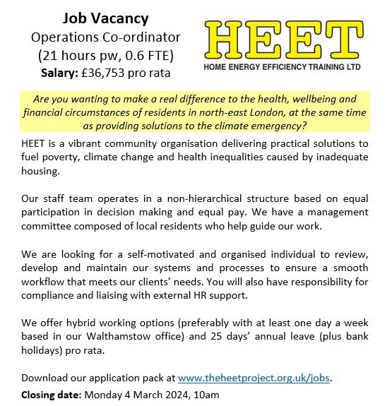 Our friends at The Heet Project are recruiting for an exciting job in north east London, working around #health #Wellbeing and #ClimateJustice.