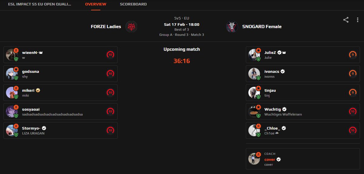 In half an hour we gonna play against <a href="/forzegg/">FORZE Esports</a> Ladies 💪 <a href="/ESLImpact/">ESL Impact</a> @ivonacs <a href="/tinjaul/">tinjau</a> <a href="/JulieCSGO/">Julia</a> <a href="/WuchtigCS/">Wuchtig</a> <a href="/Ch1oeCS/">Ch1oe</a>
