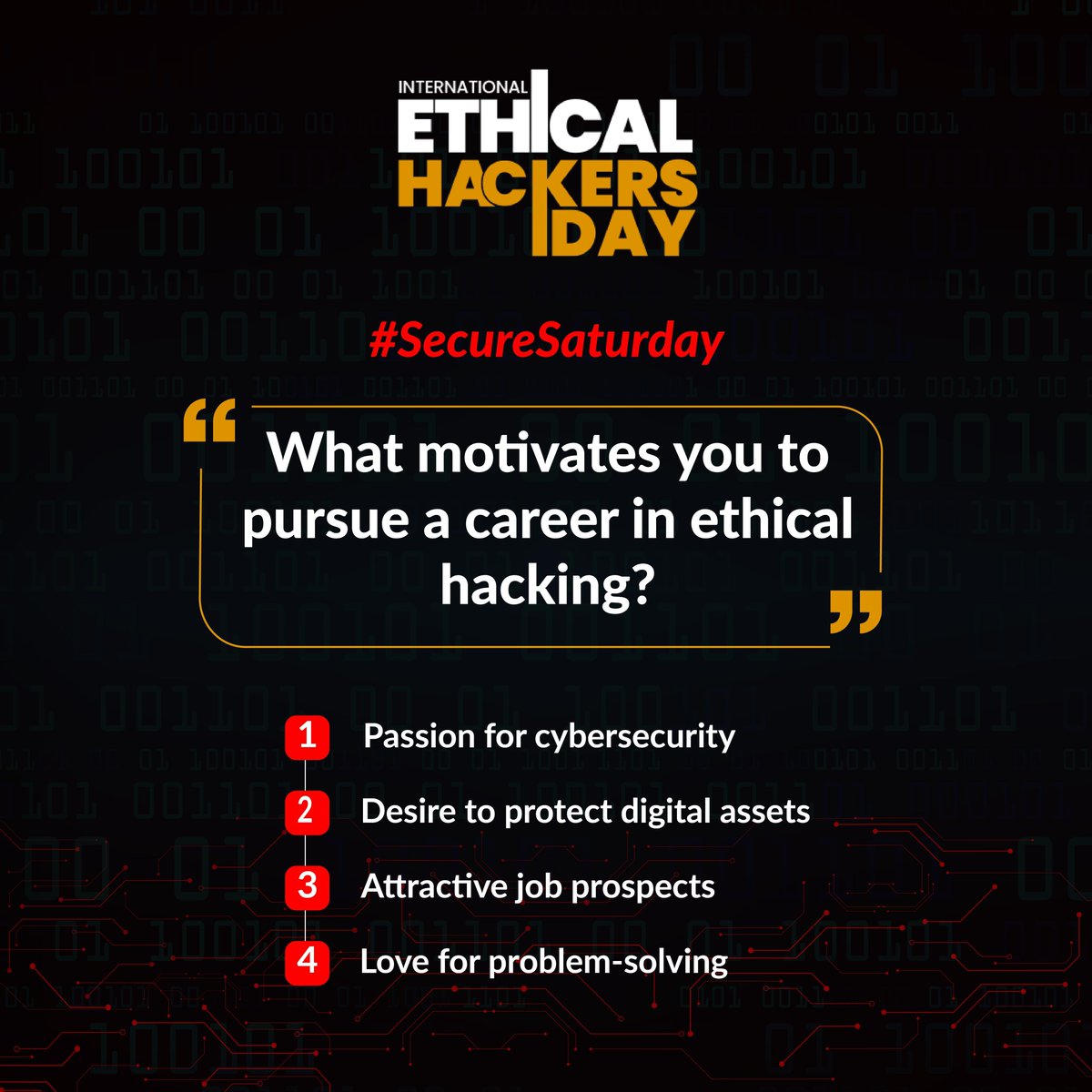 iehd_oct1's tweet image. What fuels your ethical hacking journey? 💻🔍

Every ethical hacker has a unique driving force behind their career choice. What motivates you the most? Share with us in the comments. 🙂✨ 

#InternationalEthicalHackersDay #StaySafeOnline #SecureSaturday #CybersecurityTips #IEHD