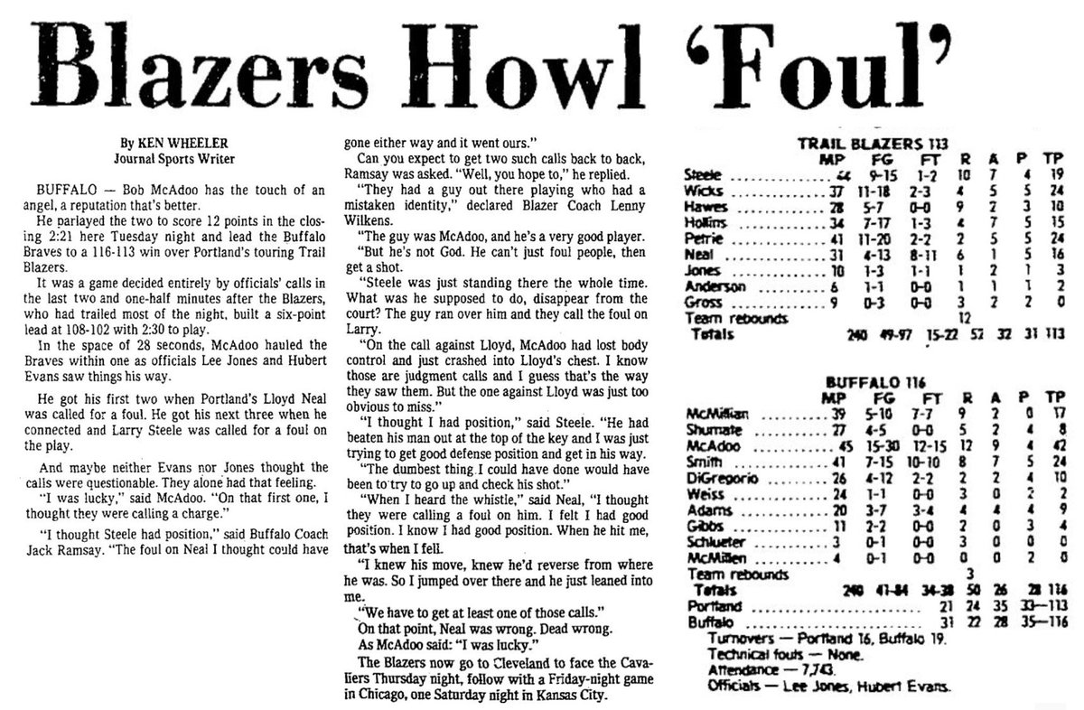 77Blazers's tweet photo. @trailblazers coach #LennyWilkens was unhappy with the @NBA referees during the games final minutes as he felt the calls definitely went the way of the #BuffaloBaves.
Two late foul calls on #LarrySteele and #LloydNeal allowed McAdoo to score 5 points to cut the #Blazers 6-point advantage to 1.
#RipCity #ThisDateinBlazersHistory