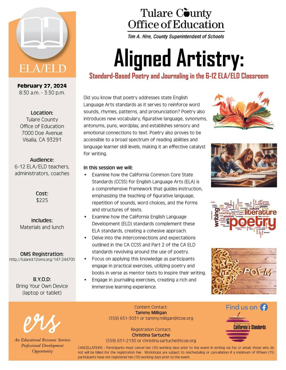 Educators interested: Feb 27 "Aligned Artistry: Standards-Based Poetry and Journaling in the 6-12 ELA/ELD Classroom"

For registration information, see the flyers at tcoe.org/ERS/ELA or tcoe.org/ERS/ELD.