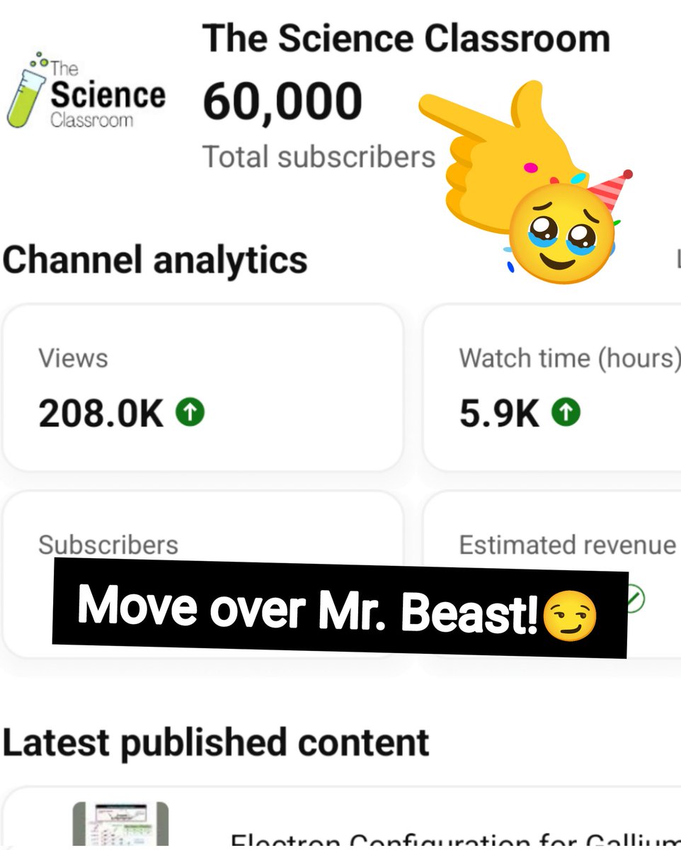 Sci_Classroom's tweet image. 🎉My YouTube channel just hit 60K subscribers!

😏Obviously, it&apos;s only a matter of time before I surpass Mr. Beast!

🙏Thank you to all for the support! 

🍾Here&apos;s to another 60K🍻

@MrBeast
#YouTube #science #elearning #education #youtubeshorts