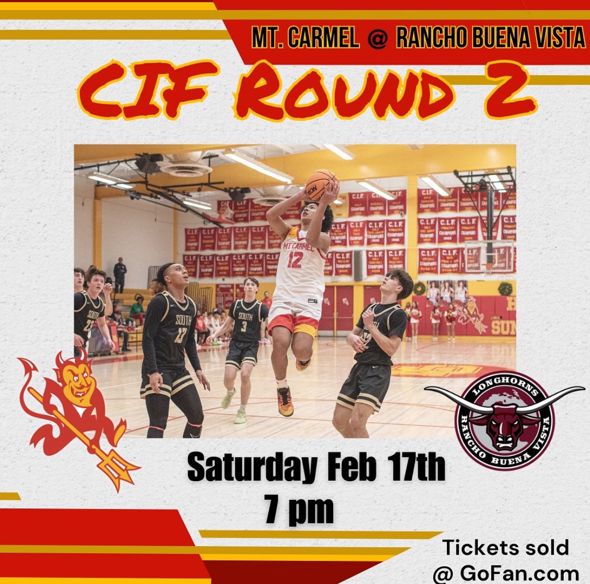 MC_baseline's tweet image. GAMEDAY!! Round 2 of CIF Div. II playoffs is tonight. #8 Mt. Carmel will travel north to take on #1 Rancho Buena Vista. Tip-off is at 7pm. Tickets can be purchased here:

gofan.co/event/1408097?…