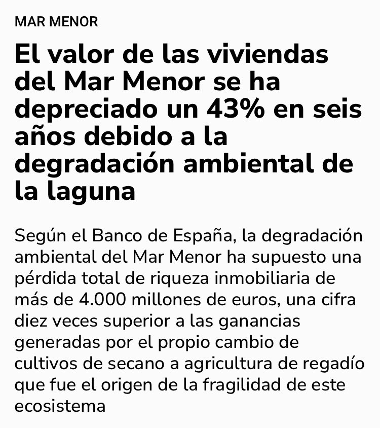 4000 millones de euros de riqueza inmobiliaria perdidos en el entorno del Mar Menor. Diez veces más que las ganancias generadas por la agricultura entre 2015 y 2021. Y la sumisa ciudadanía murciana aplaudiendo y consintiendo.
