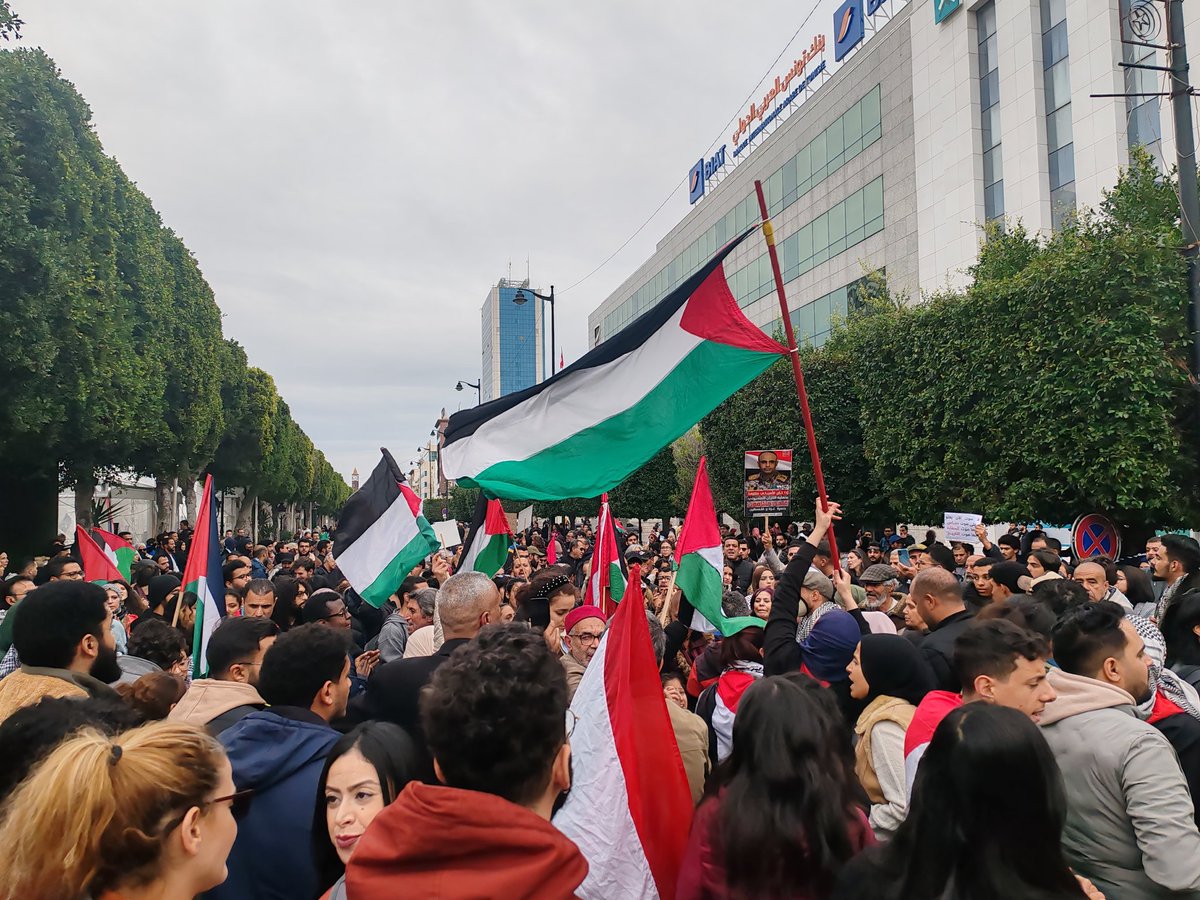 Downtown #Tunis this afternoon in support of #Palestine. Picture taken in front of the French Embassy.
#StopTheGenocideInGaza
