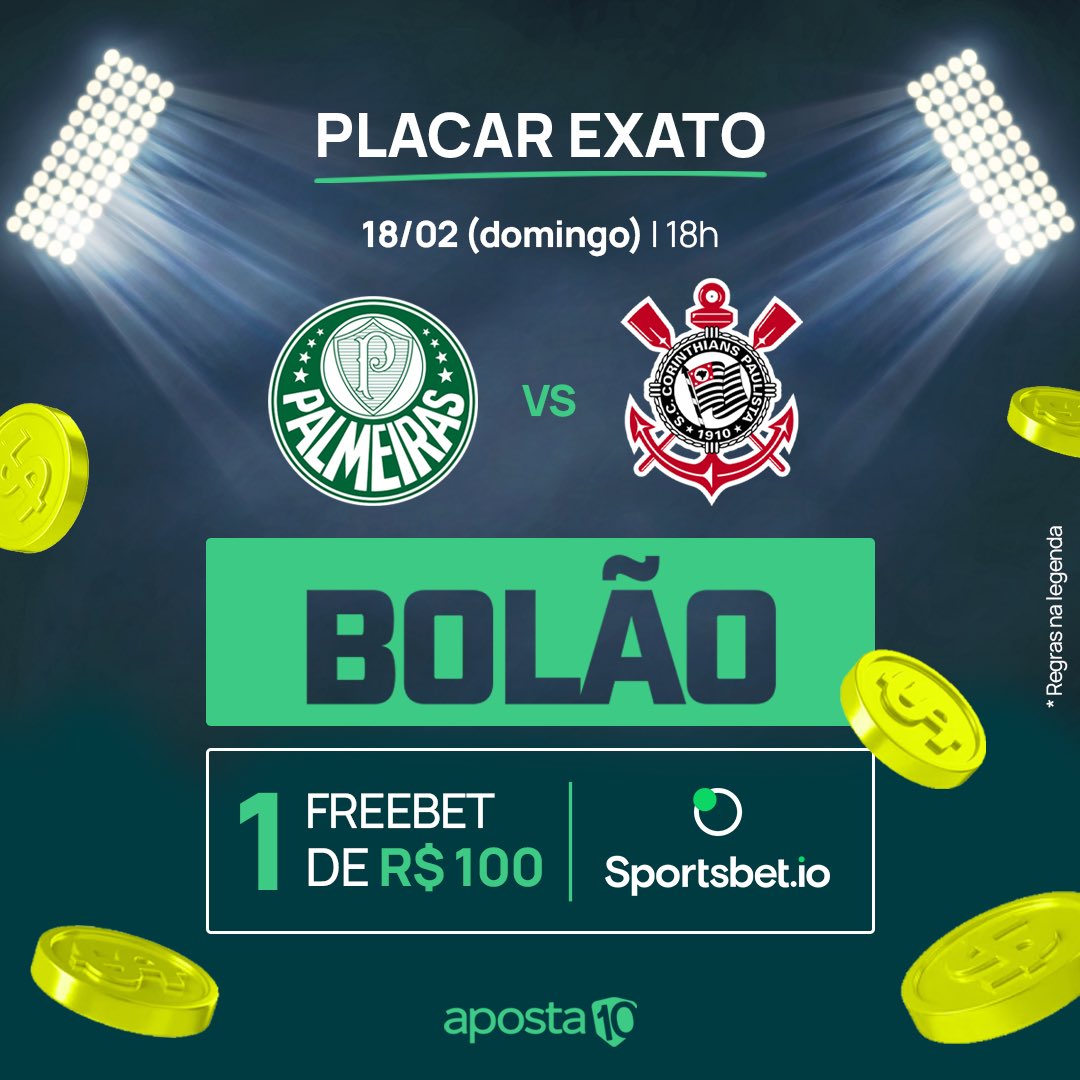 🚨BOLÃO 
📷1 #freebet de R$100 na #Sportsbetio!         
Tem que cravar o placar entre #Palmeiras x #Corinthians e o número de cartões no jogo.    

Ganha quem mandar o palpite certo primeiro!

Regras:
- Comente abaixo seu palpite  
- Curta e de RT neste tweet  
- Siga